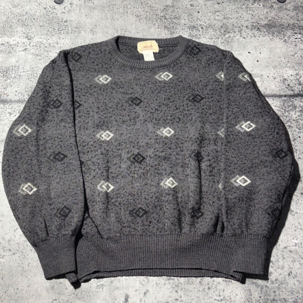 Vtg 90s Amita Italy Wool Blend Sweater Mens Charcoal Gray Diamond Knit Medium